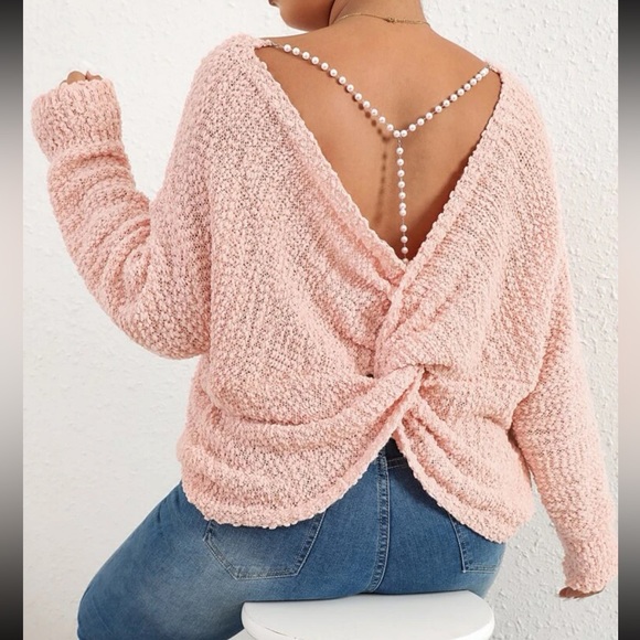 Sweaters - Cozy Plus Size Pearl Chain Detail Twist Back Drop Shoulder Sweater Top